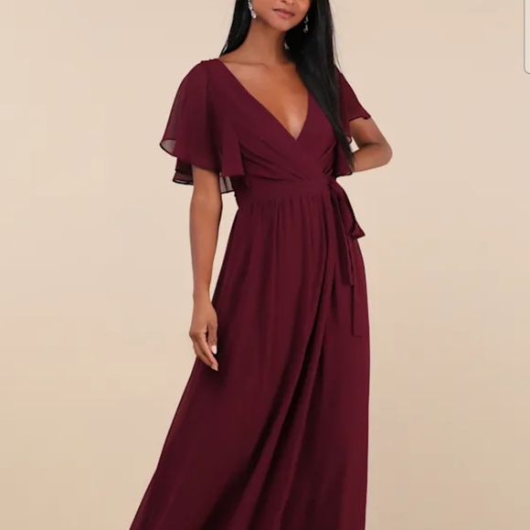 Lulus Dresses & Skirts - Lulus Convincing Grace Burgundy Flutter Sleeve Wrap Maxi Dress